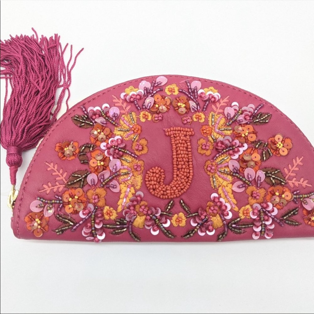 Anthropologie Pink Beaded Floral Tassel Clutch Wallet
